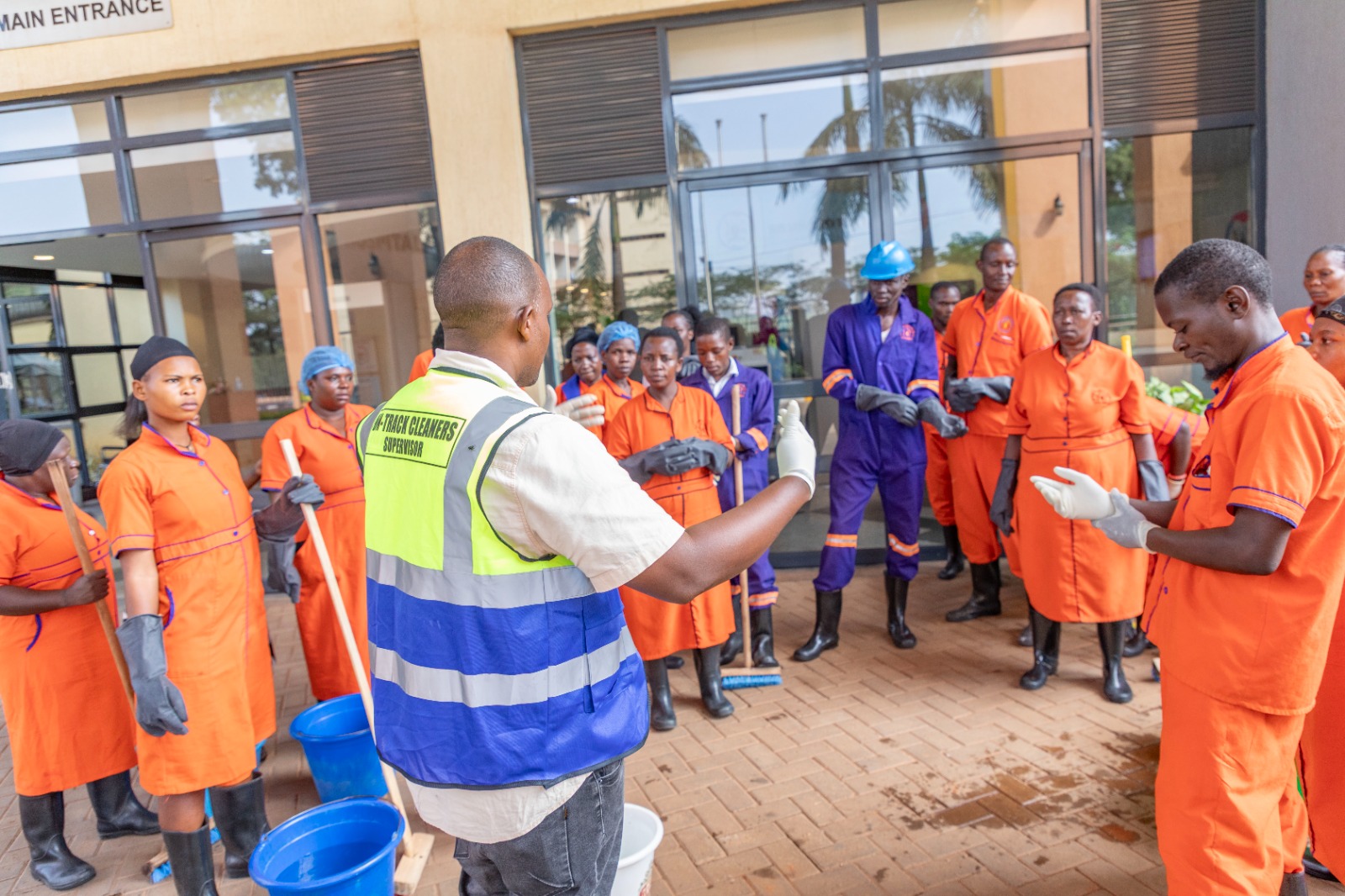 Cleaning staff working together